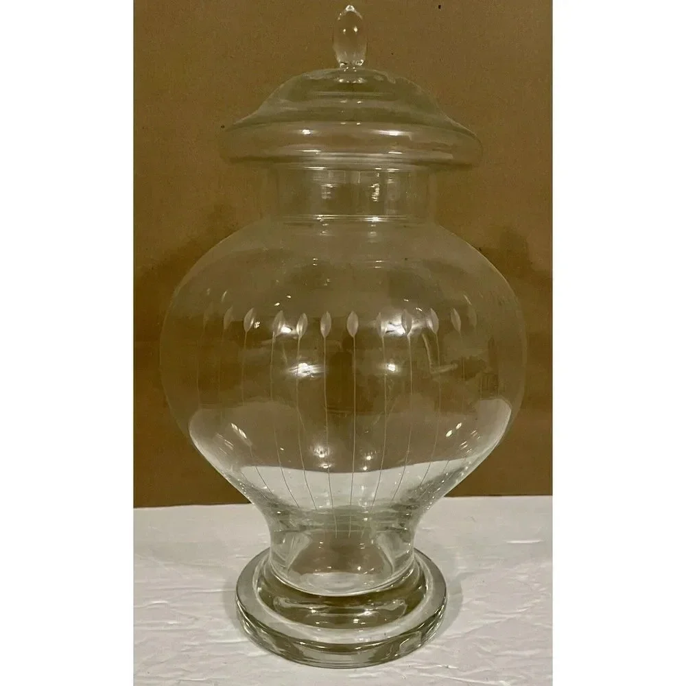 Clear Etched Glass Cookie Candy Jar Storage W/Lid 12 In H x 7 In W 4.5 In Base
